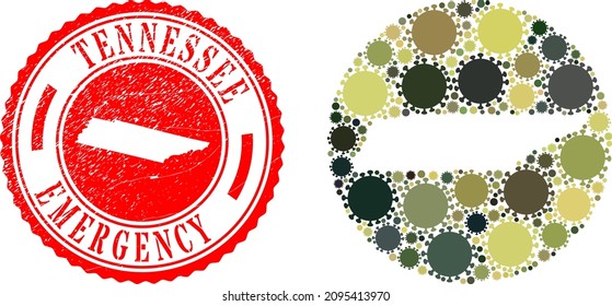 Vector Mosaic Tennessee State Map Of Flu Virus Elements And Grunge EMERGENCY Seal.