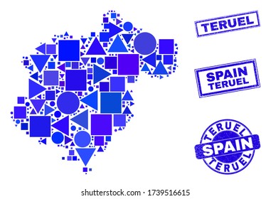 Vector mosaic Teruel Province map. Geographic collage in blue color hues, and textured round and rectangle seal stamps. Abstract collage of Teruel Province map done of round, triangles,