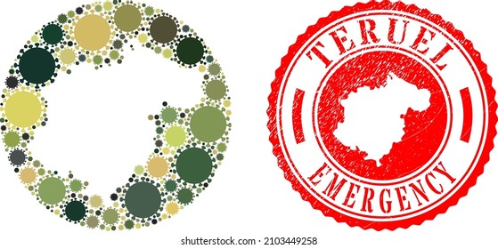 Vector mosaic Teruel Province map of covid-2019 elements and grunge EMERGENCY seal.
