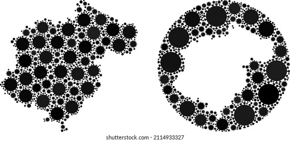 Vector mosaic Teruel Province map of coronavirus icons. Mosaic geographic Teruel Province map created as carved shape from circle with coronavirus icons in black color hues.