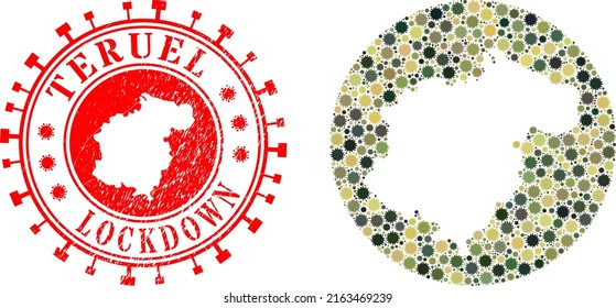 Vector mosaic Teruel Province map of covid-2019 icons and grunge LOCKDOWN seal stamp.