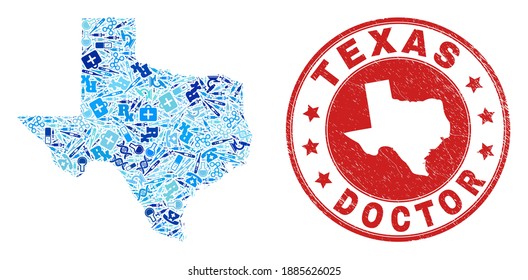 Vector Mosaic Texas State Map Of Vaccination Icons, Medicine Symbols, And Grunge Healthcare Seal Stamp. Red Round Seal With Scratched Rubber Texture And Texas State Map Tag And Map.