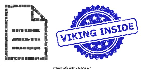 Página de texto de mosaico vectorial y imitación del sello de rosette sucio Viking Inside. El sello azul incluye el título Viking Inside dentro de la roseta. Los elementos cuadrados se componen en un icono de página de texto de mosaico abstracto.