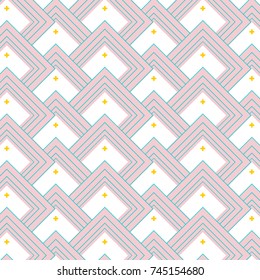 Vector mosaic texture. Ceramic minimal futuristic rectangle repetition cover. Simple modern  linear art with pink blue yellow elements. Ethnic graphic background
