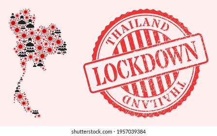 Vector mosaic Thailand map of coronavirus, masked men and red grunge lockdown seal stamp. Virus items and men in masks inside Thailand map. Red seal with corroded rubber texture and LOCKDOWN caption.