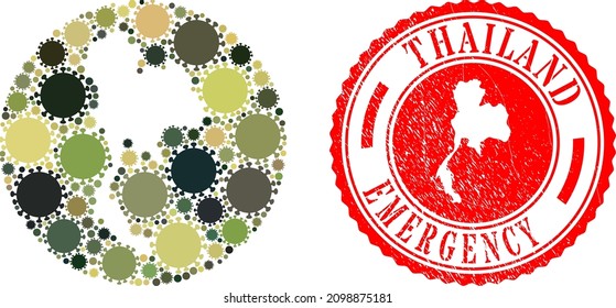 Mapa del mosaico vectorial Tailandia de los ítems del virus y sello del sello de EMERGENCIA grunge. Mapa geográfico musulmán de Tailandia diseñado como forma tallada de forma redonda con íconos de virus cómodos en colores de ejército de camuflaje.