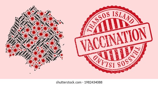 Vector mosaic Thassos Island map of SARS virus, syringe icons, and red grunge vaccination seal stamp. Virus items and vaccination particles inside Thassos Island map.