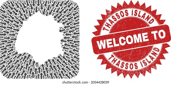 Mosaico vectorial de la isla de Thassos mapa de flechas de entrega y sello de bienvenida de goma. Mapa geográfico mosaico de la isla de Thassos construido como forma tallada de forma cuadrada redondeada con flechas de puntero.