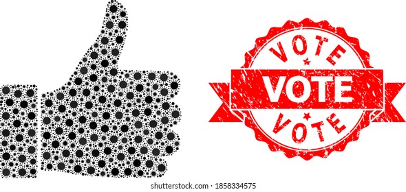 El dedo pulgar del mosaico vectorial hacia arriba del virus y la marca de agua texturada Vote. Partículas de virus dentro del mosaico del pulgar arriba. El sello rojo contiene texto de voto dentro de la cinta.