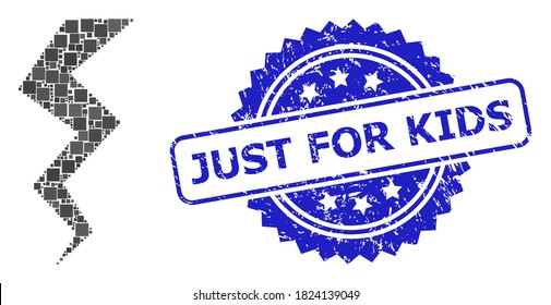 Vector mosaic thunder crack, and Just for Kids corroded rosette seal imitation. Blue seal contains Just for Kids tag inside rosette. Square elements are united into abstract mosaic thunder crack icon.