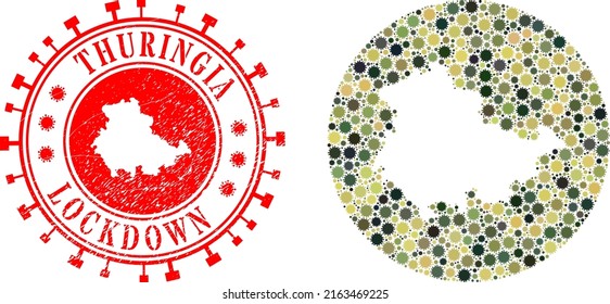 Mosaico vectorial Turingia Mapa de la tierra de íconos de infección de cóvido y sello de LOCKDOWN de grunge.