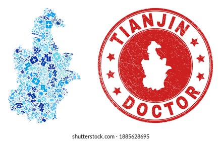 Vector mosaic Tianjin City map with injection icons, labs symbols, and grunge healthcare seal stamp. Red round watermark with grunge rubber texture and Tianjin City map tag and map.