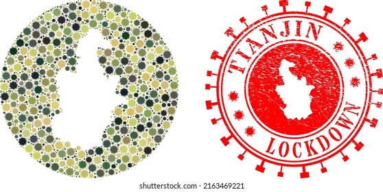 Vector mosaic Tianjin City map of sars virus elements and grunge LOCKDOWN badge.