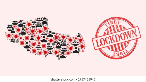 Vector mosaic Tibet map of covid-2019 virus, masked people and red grunge lockdown seal stamp. Virus items and people in masks inside Tibet map. Red stamp with grunge rubber texture and LOCKDOWN text.