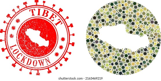 Vector mosaic Tibet map of sars virus items and grunge LOCKDOWN seal stamp. Mosaic geographic Tibet map created as stencil from circle with SARS virus icons in khaki military color hues.