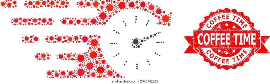 Vector mosaic time of corona virus, and Coffee Time grunge ribbon seal print. Virus cells inside time mosaic. Red seal contains Coffee Time caption inside ribbon.