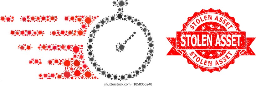 Vector mosaic time tracker of flu virus, and Stolen Asset grunge ribbon stamp seal. Virus elements inside time tracker mosaic. Red seal includes Stolen Asset text inside ribbon.