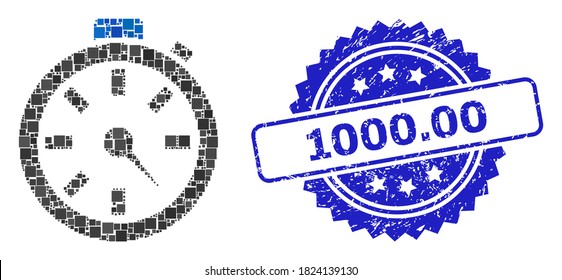 Temporizador de mosaico vectorial y sello de rosette 1000.00 no limpio. El sello azul contiene 1000.00 subtítulos en rosette. Los elementos cuadrados se componen en un icono abstracto del temporizador de mosaico.