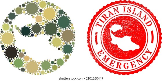 Vector mosaic Tiran Island map of SARS virus items and grunge EMERGENCY seal. Mosaic geographic Tiran Island map created as subtraction from circle with SARS virus items in khaki military colors.