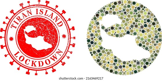Vector mosaic Tiran Island map of SARS virus elements and grunge LOCKDOWN seal.