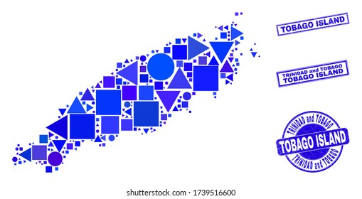 Vector mosaic Tobago Island map. Geographic plan in blue color tones, and grunge round and rectangle stamp seals. Abstract mosaic of Tobago Island map done of round, triangles, square geometric spots.