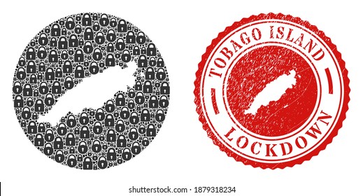 Vector mosaic Tobago Island map of locks and grunge LOCKDOWN seal stamp. Mosaic geographic Tobago Island map constructed as carved shape from round shape with black locks.