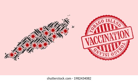 Vector mosaic Tobago Island map of flu virus, inoculation icons, and red grunge vaccine seal stamp. Virus cells and treatment needles inside Tobago Island map.
