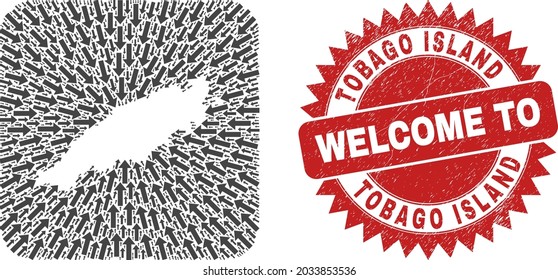 Vector mosaic Tobago Island map of immigration arrows and grunge Welcome seal. Mosaic geographic Tobago Island map designed as carved shape from rounded square shape with moving arrows.