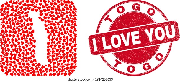 Vector mosaic Togo map of love heart items and grunge love seal. Mosaic geographic Togo map constructed as carved shape from rounded square shape using valentine hearts.