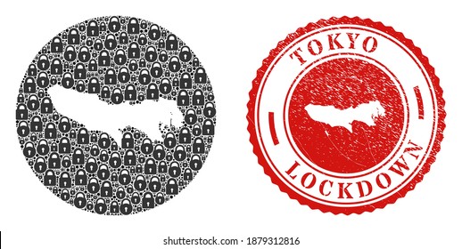 Vektor mosaic Tokyo Präfektur Karte von Schlössern und grunge LOCKDOWN Stempel. Mosaik geographische Tokyo Präfektur Karte, die als Loch aus Kreis mit schwarzen Schlössern gebaut wurde.