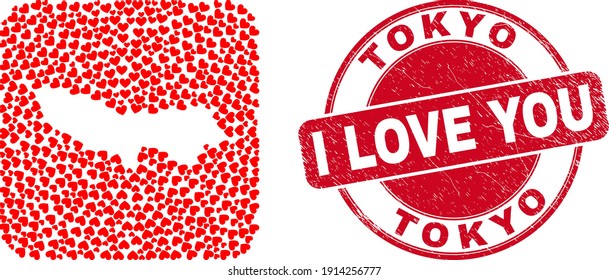Vector mosaic Tokyo Prefecture map of lovely heart items and grunge love seal stamp. Mosaic geographic Tokyo Prefecture map created as hole from rounded square with lovely hearts.