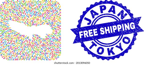 Vector mosaic Tokyo Prefecture map of straight arrows and scratched Free Shipping stamp. Mosaic Tokyo Prefecture map created as carved shape from rounded square shape with away arrows.