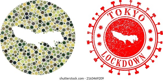 Vector mosaic Tokyo Prefecture map of covid virus elements and grunge LOCKDOWN badge.
