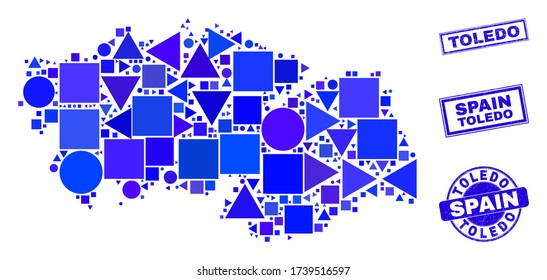 Vector mosaic Toledo Province map. Geographic scheme in blue color tones, and textured round and rectangle seal stamps. Abstract concept of Toledo Province map made of round, tringle,