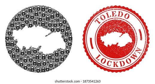 Vector mosaic Toledo Province map of locks and grunge LOCKDOWN stamp. Mosaic geographic Toledo Province map designed as carved shape from round shape with black locks.