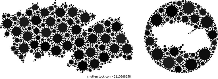 Vector mosaic Toledo Province map of virus outbreak icons. Mosaic geographic Toledo Province map constructed as subtraction from circle with sars virus icons in black color hues.