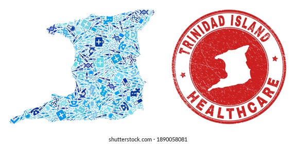 Vector mosaic Trinidad Island map with dose icons, chemical symbols, and grunge health care seal stamp. Red round stamp with grunge rubber texture and Trinidad Island map tag and map.