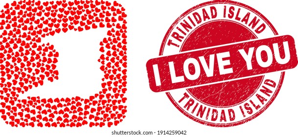 Vector mosaic Trinidad Island map of love heart items and grunge love stamp. Mosaic geographic Trinidad Island map constructed as carved shape from rounded square shape with love hearts.
