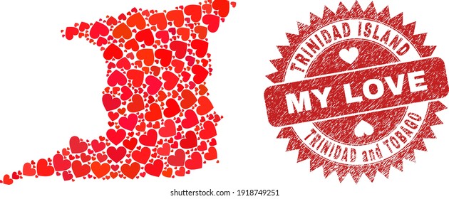 Mosaico vectorial de la isla de Trinidad mapa de adorables elementos del corazón y estampado de sello de My Love. Mapa geográfico mosaico de la isla de Trinidad construido con encantadores corazones.