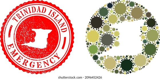 Vector mosaic Trinidad Island map of flu virus elements and grunge EMERGENCY seal stamp.