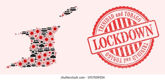 Vector mosaic Trinidad and Tobago map of covid-2019 virus, masked men and red grunge lockdown stamp. Virus particles and men in masks inside Trinidad and Tobago map.