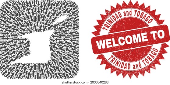 Vector mosaic Trinidad and Tobago map of migration arrows and scratched Welcome badge. Mosaic geographic Trinidad and Tobago map designed as stencil from rounded square shape using moving arrows.