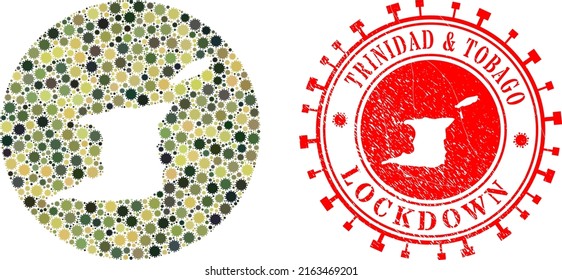 Vector mosaic Trinidad and Tobago map of sars virus items and grunge LOCKDOWN badge.