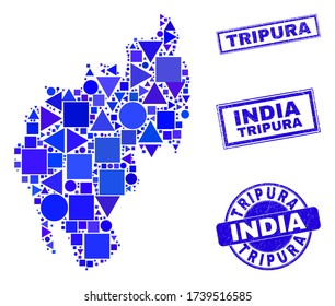 Vector mosaic Tripura State map. Geographic scheme in blue color tinges, and scratched round and rectangle seals. Abstract mosaic of Tripura State map composed of round, tringle,
