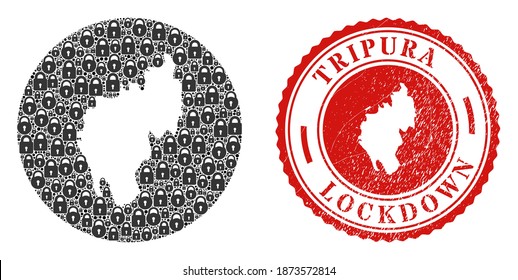 Mosaico vectorial Tripura Mapa del estado de las cerraduras y grunge sello LOCKDOWN. Mapa geográfico mosaico del estado de Tripura construido como hueco de círculo con cerraduras negras.