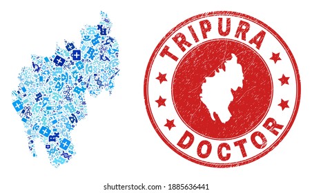Vector mosaic Tripura State map of treatment icons, medicine symbols, and grunge healthcare rubber imitation. Red round seal with grunge rubber texture and Tripura State map text and map.