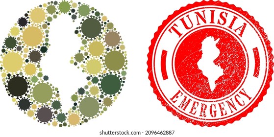 Vector mosaic Tunisia map of flu virus icons and grunge EMERGENCY seal. Mosaic geographic Tunisia map designed as subtraction from circle with virus outbreak icons in camo army colors.
