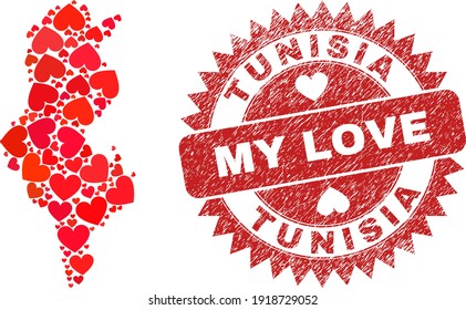 Vector mosaic Tunisia map of lovely heart items and grunge My Love seal. Mosaic geographic Tunisia map designed with valentine hearts. Red rosette stamp with grunge rubber texture and my love text.
