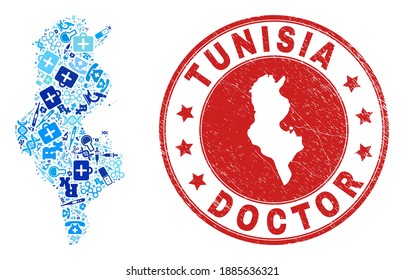 Vector mosaic Tunisia map with vaccine icons, chemical symbols, and grunge health care watermark. Red round imprint with grunge rubber texture and Tunisia map tag and map.