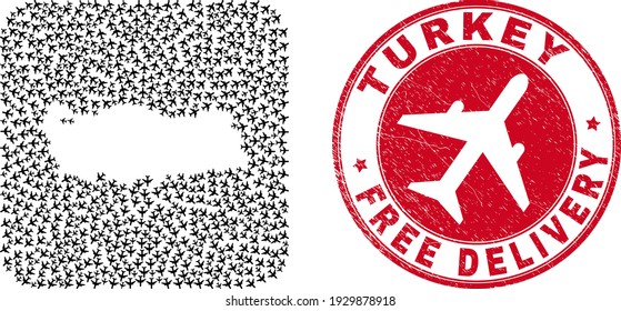 Vector mosaic Turkey map of aircraft items and grunge Free Delivery seal stamp. Mosaic geographic Turkey map designed as carved shape from rounded square shape with flying away air force symbols.